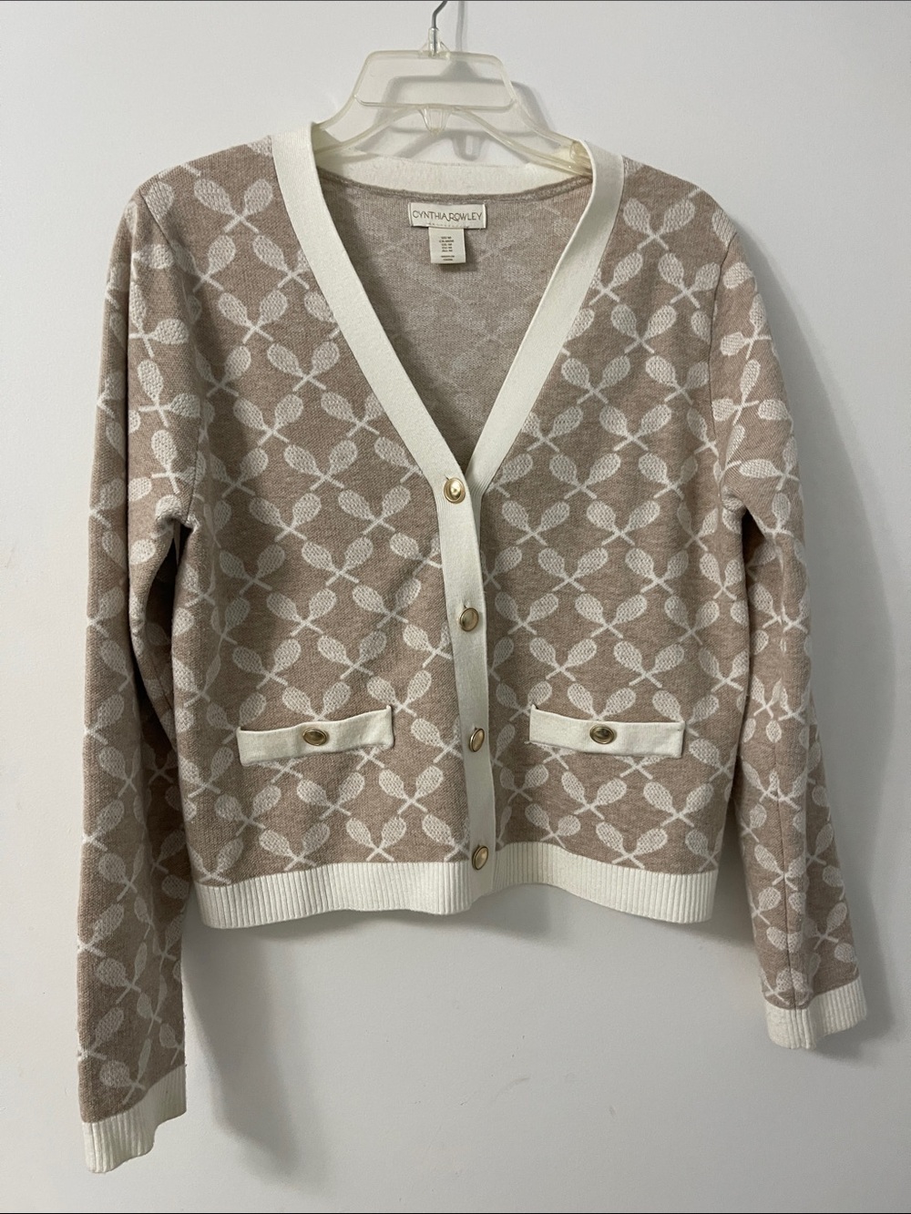 New Cynthia Rowley Beige & Cream Patterned V-Neck Cardigan with Gold Buttons